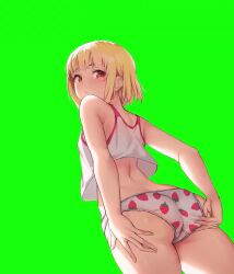 Rule 34 | 1girl, 60fps, adjusting clothes, adjusting panties, animated, ass, bare arms, bare shoulders, blonde hair, blush, breasts, butt crack, closed mouth, commentary, crop top, food print, from behind, from below, from side, green background, live2d, looking at viewer, looking back, looking down, lowres, original, panties, print panties, red eyes, short hair, simple background, sleeveless, small breasts, solar (happymonk), solo, standing, strawberry print, underwear, video, white panties
