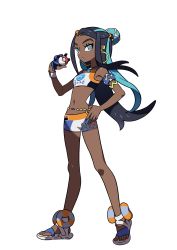 Rule 34 | 1girl, absurdres, armlet, bare shoulders, bike shorts, bikini, blue eyes, blue gloves, blue hair, breasts, creatures (company), crop top, dark-skinned female, dark skin, dynamax band, ear piercing, earrings, female focus, full body, game freak, gloves, gym leader, hair ornament, hand on own hip, hand up, heel up, highres, holding, holding poke ball, hoop earrings, jewelry, legs apart, long hair, looking to the side, midriff, multicolored hair, navel, necklace, nessa (pokemon), nintendo, official art, outline, parted lips, piercing, poke ball, poke ball (basic), pokemon, pokemon swsh, sandals, short shorts, shorts, simple background, single glove, small breasts, solo, standing, sugimori ken, swimsuit, take (illustrator), tankini, transparent background, two-tone hair, white footwear, white outline