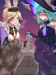 2girls animal_ears aurora_(league_of_legends) battle_bunny_aurora battle_bunny_miss_fortune blonde_hair blue_eyes blue_hair blush clothed_female_nude_male fake_animal_ears feet glasses gugora handjob highres large_hat league_of_legends long_hair looking_at_viewer miss_fortune_(league_of_legends) multiple_girls nude pantyhose ponytail red_eyes smile soles steam toes