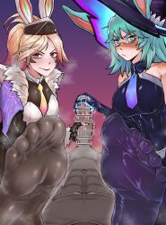 Rule 34 | 2girls, animal ears, aurora (league of legends), battle bunny aurora, battle bunny miss fortune, blonde hair, blue eyes, blue hair, blush, clothed female nude male, fake animal ears, feet, glasses, gugora, handjob, highres, large hat, league of legends, long hair, looking at viewer, miss fortune (league of legends), multiple girls, nude, pantyhose, ponytail, red eyes, smile, soles, steam, toes