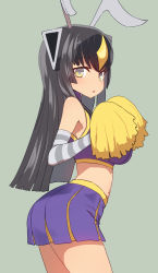 Rule 34 | 1girl, :o, antennae, ass, bare shoulders, black hair, blush, breasts, cheerleader, contrapposto, elbow gloves, from behind, gloves, grey background, headgear, highres, large breasts, long hair, looking at viewer, looking back, no nose, parted lips, pom pom (cheerleading), purple skirt, simple background, skirt, solo, standing, striped clothes, striped gloves, sumiyao (amam), ultra kaijuu gijinka keikaku, ultra series, yellow eyes, zetton