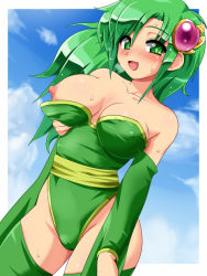 Rule 34 | 1990s (style), 1girl, bare shoulders, blush, breast lift, breast slip, breasts, cleavage, detached sleeves, covered erect nipples, final fantasy, final fantasy iv, green eyes, green hair, hair ornament, konpeto, large breasts, leotard, long hair, looking at viewer, matching hair/eyes, naughty face, nipples, aged up, one breast out, open mouth, rydia (ff4), smile, solo, sweat, thighhighs