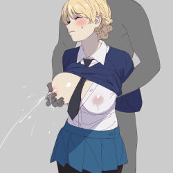 Rule 34 | 1boy, 1girl, black leggings, black necktie, blonde hair, blue skirt, blue sweater, blush, braid, closed eyes, closed mouth, collar, collared shirt, crown braid, darjeeling (girls und panzer), girls und panzer, grabbing, grabbing another&#039;s breast, grey background, highres, holding another&#039;s arm, lactation, leggings, locked arms, milk stain, necktie, nipples, onsen tamago (hs egg), partially unbuttoned, pleated skirt, projectile lactation, school uniform, shirt, simple background, skirt, st. gloriana&#039;s school uniform, sweatdrop, sweater, white collar, white shirt, wince, wing collar