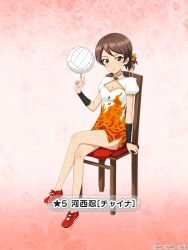 Rule 34 | 1girl, :o, artist request, balancing on finger, ball, bare legs, blush, bracer, breasts, brown eyes, brown hair, character name, china dress, chinese clothes, cleavage, cleavage cutout, clothing cutout, commentary request, crossed legs, dress, female focus, flame print, girls und panzer, girls und panzer senshadou daisakusen!, hair ribbon, high collar, holding, holding ball, kawanishi shinobu, legs, no socks, official alternate costume, official art, on chair, parted lips, pink background, print dress, puffy short sleeves, puffy sleeves, red footwear, ribbon, shoes, short dress, short hair, short ponytail, short sleeves, small breasts, sneakers, solo, star (symbol), swept bangs, thighs, translated, volleyball (object), watermark, white dress, wooden chair, yellow ribbon