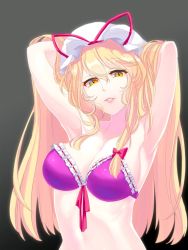 Rule 34 | 1girl, alternate costume, armpits, arms behind head, arms up, bikini, blonde hair, bow, breasts, eyebrows, eyelashes, frilled bikini, frills, gradient background, hair between eyes, hair bow, hands in hair, hat, hat ribbon, highres, large breasts, lipstick, long hair, looking at viewer, makeup, mob cap, pale skin, parted lips, purple bikini, red bow, red ribbon, ribbon, ribbon-trimmed bikini, sa haru, solo, swimsuit, touhou, upper body, yakumo yukari, yellow eyes