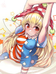 Rule 34 | 1girl, american flag, american flag dress, american flag legwear, american flag shirt, blonde hair, clownpiece, covered erect nipples, dress, fairy, fairy wings, frilled shirt collar, frills, hat, highres, jester cap, neck ruff, nipples, pantyhose, polka dot headwear, puffy nipples, solo, star-shaped pupils, star (symbol), star print, symbol-shaped pupils, touhou, umigarasu (kitsune1963), wings