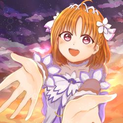 Rule 34 | 1girl, artist name, artist request, bare shoulders, blush, breasts, brightest melody, cloud, collarbone, dress, earrings, female focus, flower, hair flower, hair ornament, highres, hug, jewelry, looking at viewer, love live!, love live! school idol festival, love live! sunshine!!, n 2ko0 n, orange hair, orange sky, outdoors, parted lips, red eyes, ribbon, short hair, sky, small breasts, smile, solo, takami chika, tiara, white detached collar, white dress, white flower, white ribbon