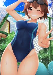 Rule 34 | 1girl, bandaid, bandaid on face, blue one-piece swimsuit, blue sky, brown eyes, brown hair, chain-link fence, cleaning brush, cloud, commentary request, competition swimsuit, cowboy shot, day, fence, goggles, goggles on head, grin, highres, kickboard, looking at viewer, minato ojitan, one-piece swimsuit, original, outdoors, power lines, short hair, sky, smile, solo, swimsuit, thigh gap, towel, wet