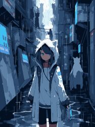 Rule 34 | 1girl, 2others, air conditioner, belt, bike shorts, black hair, blue theme, building, cowboy shot, grey eyes, looking at viewer, medium hair, multiple others, original, outdoors, pixelated, puddle, rain, raincoat, road, shirt, sidelocks, street, uozmmy, wire