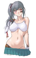 Rule 34 | 1girl, absurdres, aged up, alternate breast size, android, blush, breasts, grey hair, highres, kantai collection, kasumi (kancolle), long hair, medium breasts, missing limb, navel, pleated skirt, red eyes, side ponytail, sidelocks, skirt, solo, sozan