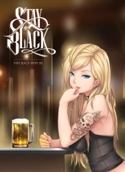 Rule 34 | 1girl, absurdres, alcohol, bare shoulders, beer, beer mug, black nails, blonde hair, blue eyes, breasts, collar, cup, ear piercing, english text, hand on own chin, highres, ho2nium, jennifer jarret, large breasts, lipstick, long hair, looking at viewer, makeup, midriff, mug, nail polish, piercing, skull tattoo, solo, stayblack, strapless, tattoo, tube top