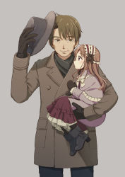Rule 34 | 1boy, 1girl, arm up, black bow, black gloves, black mittens, black pants, bow, brown eyes, brown hair, brown jacket, brown skirt, capelet, carrying, closed mouth, commentary request, frilled capelet, frilled skirt, frills, fur trim, gloves, grey background, grey headwear, hairband, hat, highres, hirose yuki, holding, holding clothes, holding hat, jacket, lolita hairband, long hair, long sleeves, mittens, original, pants, profile, purple capelet, purple jacket, red eyes, ribbon trim, simple background, skirt, standing, unworn hat, unworn headwear, white bow
