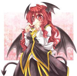 Rule 34 | 1girl, alternate costume, armband, blush, breasts, covering own mouth, demon tail, demon wings, dress, dress shirt, floral background, gradient background, hair intakes, head wings, heart, heart hands, koakuma, layered dress, long hair, long sleeves, looking at viewer, mumumu, red eyes, red hair, shirt, slit pupils, solo, tail, touhou, wings