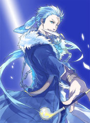 Rule 34 | 00s, 1boy, bad id, bad pixiv id, belt, blue eyes, blue hair, bracelet, chain, coat, dagger, gradient background, jewelry, knife, long hair, male focus, matching hair/eyes, mori (tsk03ss), mouth hold, one eye closed, personification, ponytail, repede (tales), scar, solo, tales of (series), tales of vesperia, teeth, weapon, wink
