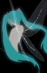 Rule 34 | 1girl, absurdres, aqua hair, back, back focus, bare back, black background, commentary, cropped legs, english commentary, facing away, fairy, fairy wings, from behind, glowing, glowing hair, glowing skin, glowing wings, hatsune miku, highres, long hair, nape, shieriru, shoulder blades, sidelocks, solo, sparkle, topless, transparent wings, twintails, very long hair, vocaloid, wings
