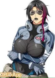 Rule 34 | 1girl, arm under breasts, aviator sunglasses, banpresto, black hair, black lips, bodysuit, breasts, character request, cigarette, gloves, kun in&#039;ye, large breasts, lipstick, lowres, makeup, mole, multicolored hair, official art, single colored lock, solo, sunglasses, super robot wars, super robot wars x-omega, tinted eyewear, two-tone hair