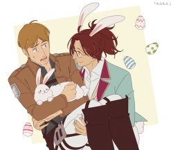 Rule 34 | 1boy, 1other, animal ears, aquiline nose, boots, brown eyes, brown hair, brown jacket, carrying, commentary, easter egg, egg, glasses, green jacket, hange zoe, hanpetos, jacket, knee boots, moblit berner, open mouth, ponytail, princess carry, rabbit, rabbit ears, rabbit girl, rabbit tail, shingeki no kyojin, smile, survey corps (emblem), sweatdrop, tail, translation request