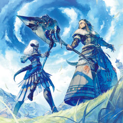 Rule 34 | 1boy, 1girl, album cover, armlet, au ra, axe, belt, black gloves, black hair, blue eyes, blue skirt, blue sky, cloud, coat, colored skin, cover, curled horns, day, dragon boy, dragon girl, dragon horns, dragon tail, dutch angle, elbow gloves, fighting stance, final fantasy, final fantasy xiv, fingerless gloves, from below, full body, fur-trimmed coat, fur trim, gloves, grass, grey coat, grey skin, grin, highres, holding, holding axe, holding staff, horn ornament, horn ring, horns, legs apart, magnai oronir, medium hair, mountainous horizon, official art, outdoors, outstretched arms, sadu dotharl, scales, skirt, sky, smile, spiral, staff, standing, tail, white hair, yellow eyes