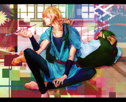 Rule 34 | 2boys, alternate costume, armband, barefoot, blonde hair, blue eyes, green hair, hair over one eye, japanese clothes, kitano (no name), letterboxed, lying, male focus, multiple boys, on side, one piece, smoking pipe, roronoa zoro, sanji (one piece), scar, sitting, smoking