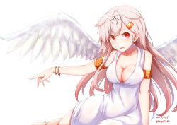 Rule 34 | 1girl, :d, angel, angel wings, arm support, armlet, baileys (tranquillity650), bare shoulders, blush, bracelet, breasts, cleavage, commentary, dress, feathered wings, hair flaps, hair ornament, hair ribbon, hairclip, highres, jewelry, kantai collection, large breasts, long hair, looking at viewer, open mouth, ribbon, signature, simple background, sitting, smile, solo, twitter username, white background, white dress, wings, yuudachi (kancolle), yuudachi kai ni (kancolle)