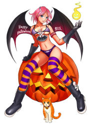 Rule 34 | 1girl, bat wings, bikini, boots, breasts, cat, full body, gloves, halloween, happy halloween, horns, jack-o&#039;-lantern, large breasts, multicolored clothes, multicolored legwear, pink hair, pumpkin, ryu (ryu&#039;s form site), solo, striped bikini, striped clothes, striped thighhighs, swimsuit, thighhighs, underboob, white background, wings