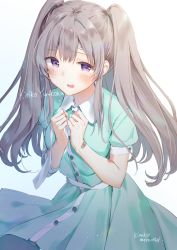 Rule 34 | 1girl, bandaged arm, bandages, bandaid, blue background, blue dress, blush, buttons, character name, collared dress, dress, gradient background, grey hair, hair between eyes, highres, idolmaster, idolmaster shiny colors, kinako (shiratama mochi), long hair, looking at viewer, purple eyes, signature, solo, teeth, twintails, two side up, upper teeth only, very long hair, white background, yukoku kiriko