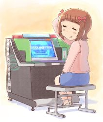 Rule 34 | 1girl, amami haruka, arcade cabinet, blue skirt, blush, bow, brown hair, closed eyes, commentary request, ears visible through hair, embarrassed, facing viewer, from behind, hair bow, hand on lap, idolmaster, idolmaster (classic), jacket, looking back, meta, pink jacket, playing games, sandals, scratching head, sitting, skirt, solo, stool, tsubobot, yellow background