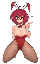 Rule 34 | 1girl, animal ears, bare shoulders, blush, bow, bowtie, breasts, character request, cleavage, closed mouth, collarbone, copyright request, covered navel, d-floe, fishnet pantyhose, fishnets, glasses, heart, highres, kneeling, large breasts, leotard, looking at viewer, pantyhose, playboy bunny, pointy ears, purple eyes, rabbit ears, rectangular eyewear, red-framed eyewear, red bow, red bowtie, red hair, red leotard, semi-rimless eyewear, short hair, smile, solo, under-rim eyewear, wrist cuffs