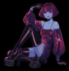 Rule 34 | 1girl, black background, black gloves, black hairband, bob cut, boots, brown eyes, dress, elbow gloves, fishnets, gloves, hairband, high heel boots, high heels, highres, looking at viewer, megadeus mommy, r dorothy wayneright, red dress, red hair, red lips, short hair, sitting, sleeveless, sleeveless dress, solo, sparkle, the big o, thigh boots