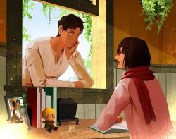 Rule 34 | 1boy, 1girl, absurdres, armin arlert, artist name, black hair, bob cut, book, brown eyes, desk, eren yeager, green eyes, hair between eyes, hand on own cheek, hand on own face, highres, indoors, jacket, leaning, long sleeves, looking at another, mikasa ackerman, open book, parted bangs, picture frame, pink jacket, plant, pruu art, red scarf, scarf, shingeki no kyojin, shirt, short hair, signature, sitting, stuffed toy, upper body, white shirt, window
