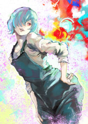 Rule 34 | 1girl, absurdres, alternate hair color, apron, black apron, cowboy shot, green hair, grey shirt, hair over one eye, hand on own hip, highres, kagune (tokyo ghoul), kirishima touka, kyuuba melo, leaning forward, long sleeves, multicolored background, official style, open mouth, red eyes, shirt, short hair, smile, teeth, tokyo ghoul, tokyo ghoul:re, upper teeth only