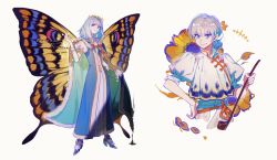 Rule 34 | 1boy, absurdres, alternate hairstyle, arthropod boy, blue cloak, blue eyes, blue footwear, bug, butterfly, butterfly wings, cloak, closed mouth, commentary request, crown, diamond hairband, fate/grand order, fate (series), flower, full body, fur-trimmed cloak, fur trim, gold trim, grey background, grey hair, highres, holding, holding ladle, insect, insect wings, ladle, long sleeves, looking at viewer, male focus, medium hair, multicolored wings, multiple views, no cape, no wings, oberon (fate), official alternate costume, ponytail, puffy sleeves, requiemzz, simple background, smile, solo, sparkle, tassel, white hair, wings