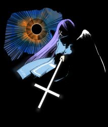Rule 34 | angel wings, blue dress, cross, dress, eclipse, expressionless, faceless, holding, kaigen 1025, long hair, long sleeves, matenshi (touhou), purple hair, shaded face, touhou, touhou (pc-98), turtleneck, wings