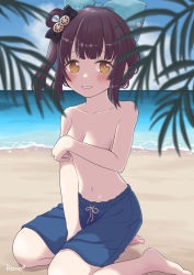 Rule 34 | 1girl, artist request, bashamichi hagemi, beach, black bow, blue bow, blue male swimwear, blue sky, blue swim trunks, blurry, blurry foreground, blush, bow, breasts, covering privates, covering breasts, day, drawstring, feet, female focus, from side, full body, grin, hair bow, hair ornament, hair rings, happy, highres, indie virtual youtuber, kneeling, looking at viewer, male swimwear, male swimwear challenge, ocean, on ground, open mouth, outdoors, sand, sky, small breasts, smile, solo, source request, swim trunks, swimsuit, topless, virtual youtuber, yellow eyes
