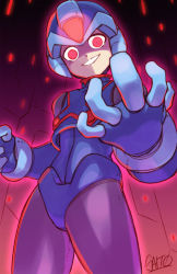 Rule 34 | 1boy, android, armor, blue bodysuit, blue headwear, blue helmet, bodysuit, commentary request, copy x (mega man), cowboy shot, crazy smile, evil smile, forehead jewel, from below, glowing, helmet, highres, looking at viewer, male focus, mega man (series), mega man zero (series), red eyes, ringed eyes, shoutaro saito, signature, smile, solo, standing