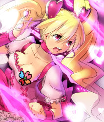 Rule 34 | 00s, 1girl, blonde hair, bow, breasts, choker, cleavage, collarbone, cure peach, dutch angle, earrings, fresh precure!, frilled skirt, frills, hair ornament, heart, heart hair ornament, jewelry, long hair, magical girl, magister, momozono love, non-web source, open mouth, pink bow, pink eyes, precure, skirt, solo, twintails, wrist cuffs