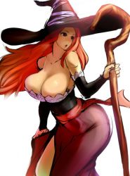 Rule 34 | 1girl, bare shoulders, breasts, brown eyes, chibi, cleavage, detached sleeves, dragon&#039;s crown, dress, hat, huge breasts, long hair, mafen, multiple boys, open mouth, side slit, simple background, sorceress (dragon&#039;s crown), staff, strapless, strapless dress, white background, wind, witch hat