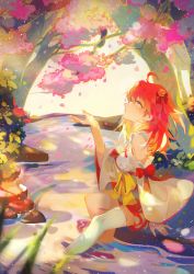 Rule 34 | 1girl, ahoge, bell, cherry blossoms, detached sleeves, from side, green eyes, hair bell, hair ornament, highres, hololive, nontraditional miko, o21uod3umj2avhn, petals, pink hair, sakura miko, sakura miko (1st costume), single thighhigh, sitting, thighhighs, tree, virtual youtuber, water, white thighhighs, wide sleeves