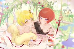 Rule 34 | 2girls, bad id, bad pixiv id, blonde hair, blunt bangs, blurry, blush, breasts, cake, cake stand, candy, cleavage, cup, curie (shining star), depth of field, dress, food, grin, heart, heart print, highres, kneehighs, lollipop, looking at viewer, lying, macaron, medium breasts, multiple girls, nail polish, off shoulder, ohisashiburi, on stomach, pocky, purple eyes, purple nails, red hair, shining star, short hair, sleeveless, sleeveless dress, smile, socks, thighs, tiered tray, yellow eyes, yellow nails, yena (shining star)