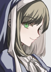 Rule 34 | 1girl, assault lily, brown hair, closed mouth, commentary, from side, green eyes, grey background, habit, highres, kaidou beatrice chiharu, long hair, looking at viewer, looking to the side, neck ribbon, nun, portrait, profile, ribbon, sideways glance, simple background, sketch, smile, solo, swept bangs, tareko, traditional nun, veil, white ribbon