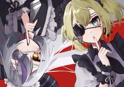 Rule 34 | 2girls, absurdres, blonde hair, blue eyes, commentary request, earrings, facial mark, finger to mouth, flower eyepatch, grey hair, highres, hololive, horns, identity (vocaloid), jewelry, kazama iroha, la+ darknesss, looking at viewer, maid, maid headdress, mashiro io, multicolored hair, multiple girls, purple hair, red background, side ponytail, simple background, star (symbol), star earrings, streaked hair, striped horns, upper body, virtual youtuber, wrist cuffs