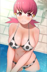 Rule 34 | 1girl, absurdres, bare shoulders, bikini, black bikini, blush, breasts, cleavage, collarbone, commentary request, creatures (company), from above, frown, game freak, gatchan, gym leader, hair ornament, highres, huge filesize, in water, large breasts, looking at viewer, navel, nintendo, pink eyes, pink hair, pokemon, pokemon hgss, solo, swimsuit, twintails, wading, water, white bikini, whitney (pokemon)