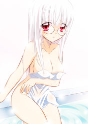 Rule 34 | 1girl, bad id, bad pixiv id, blush, breast hold, breasts, covered erect nipples, covering privates, glasses, heidimarie w. schnaufer, highres, isa (ni-iro), large breasts, long hair, naked towel, nude, nude cover, red eyes, solo, strike witches, towel, water, white hair, world witches series