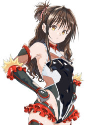 Rule 34 | 1girl, absurdres, arado balanga (xchd7538), arm guards, armpits, bad id, bad pixiv id, bare shoulders, black leotard, breasts, brown hair, closed mouth, cowboy shot, fingerless gloves, frills, gloves, grey gloves, hair bobbles, hair ornament, hands on own hips, highleg, highleg leotard, highres, leotard, long hair, looking at viewer, shiny clothes, small breasts, solo, taimanin (series), taimanin suit, to love-ru, wavy hair, yellow eyes, yuuki mikan