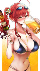 Rule 34 | 1girl, :d, ahoge, alcohol, azur lane, beer, beer mug, bikini, black bikini, blush, breasts, brown eyes, cleavage, collarbone, commentary, cup, drinking, drunk, food, goggles, goggles on head, gradient background, hair between eyes, hair ornament, halterneck, hands up, highres, holding, holding food, kebab, large breasts, long hair, mirei, mug, multiple straps, navel, nose blush, o-ring, o-ring bikini, open mouth, orange background, red hair, side ponytail, sidelocks, smile, solo, stomach, sweat, swimsuit, upper body, wet, whistle, whistle around neck, white background, zara (azur lane), zara (poolside coincidence) (azur lane)