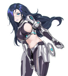 Rule 34 | 1girl, android, armor, blue eyes, blue hair, breasts, closed mouth, cowboy shot, large breasts, lipstick, long hair, looking at viewer, makeup, navel, original, purple lips, sideboob, simple background, siun, solo, white background