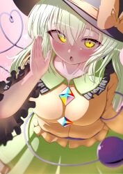 Rule 34 | 1girl, absurdres, black hat, blush, breasts, buttons, collared shirt, diamond button, frilled shirt collar, frilled sleeves, frills, green eyes, green hair, hair between eyes, hat, hat ribbon, heart, heart of string, highres, komeiji koishi, long hair, long sleeves, looking at viewer, medium breasts, open mouth, polyhedron2, ribbon, shirt, signature, solo, third eye, touhou, wide sleeves, yellow ribbon, yellow shirt