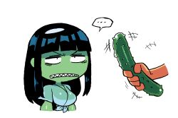 Rule 34 | 1girl, 1other, black hair, blue shirt, blunt bangs, clenched teeth, colored skin, cucumber, food, green skin, highres, holding, holding food, holding vegetable, long hair, rariatto (ganguri), sanpaku, sharp teeth, shirt, simple background, solo focus, teeth, tied shirt, upper body, vegetable, wet, wet clothes, wet shirt, white background