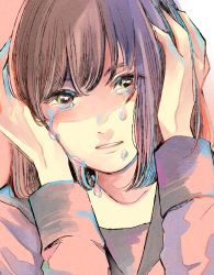 Rule 34 | 1girl, absurdres, brown hair, crying, hands up, highres, huge filesize, long sleeves, looking at viewer, original, parted lips, pink shirt, portrait, richard-kun, shirt, short hair, solo, tears