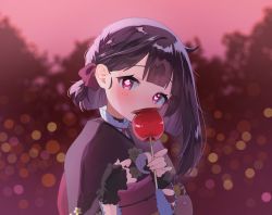 Rule 34 | 1girl, alternate costume, alternate hairstyle, black gloves, blurry, blurry background, blush, bow, braid, braided bangs, brown hair, candy, candy apple, choker, commission, commissioner upload, covering own mouth, euphoniummatsu, fallenshadow, festival, fingerless gloves, flat chest, floral print, food, frilled choker, frills, gloves, hair bow, hand on own chest, head tilt, heart, heart-shaped pupils, highres, holding, holding food, indie virtual youtuber, japanese clothes, kimono, lace, lace gloves, looking at viewer, medium hair, obi, petite, pink background, pink bow, pink choker, pink eyes, pink kimono, pink ribbon, pov, pov dating, purple kimono, ribbon, sash, side braid, sidelocks, single braid, skeb commission, solo, symbol-shaped pupils, virtual youtuber, wide sleeves